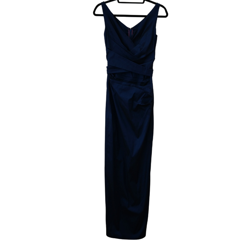 Talbot Runhof Maxi Dress Size 4 Blue Satin V-Neck Sleeveless Formal Evening Gown